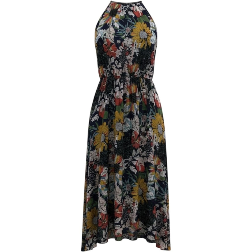 ODDI Dress Women Small Navy Blue Sunflower Floral Halter Smocked Maxi Boho 0132